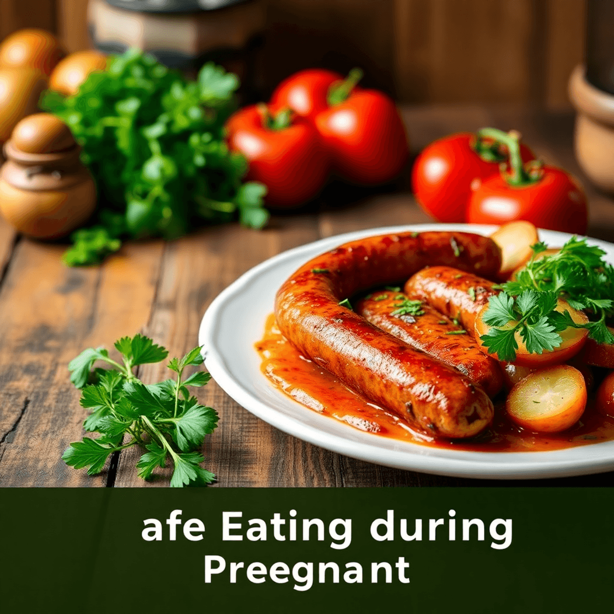 A colorful plate of cooked Italian sausage with fresh vegetables and herbs, placed on a rustic wooden table, creating a warm and inviting kitchen a...