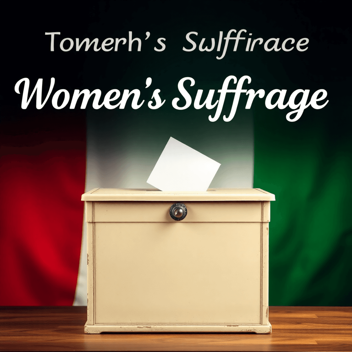 A vintage ballot box in Italian flag colors against a backdrop, symbolizing women's suffrage and empowerment in Italy, evoking historical significa...