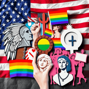 Collage of Native American symbols, LGBTQ+ pride flags, women's rights icons over an American flag background, symbolizing unity and equal rights.