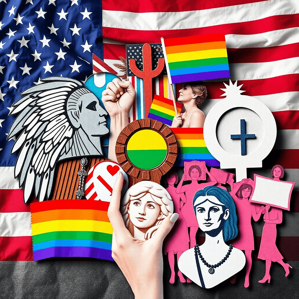 Collage of Native American symbols, LGBTQ+ pride flags, women's rights icons over an American flag background, symbolizing unity and equal rights.