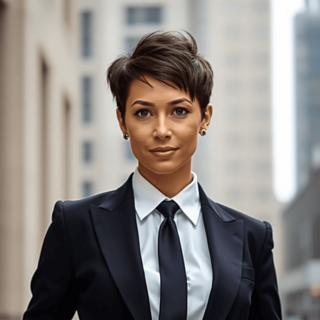 Confident woman with short hair in a sharp suit and tie stands against an urban backdrop, radiating empowerment and self-expression.
