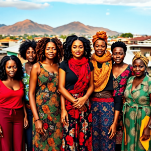 Group of confident women standing together in a vibrant South African township, symbolizing solidarity and support with expressions of resilience a...
