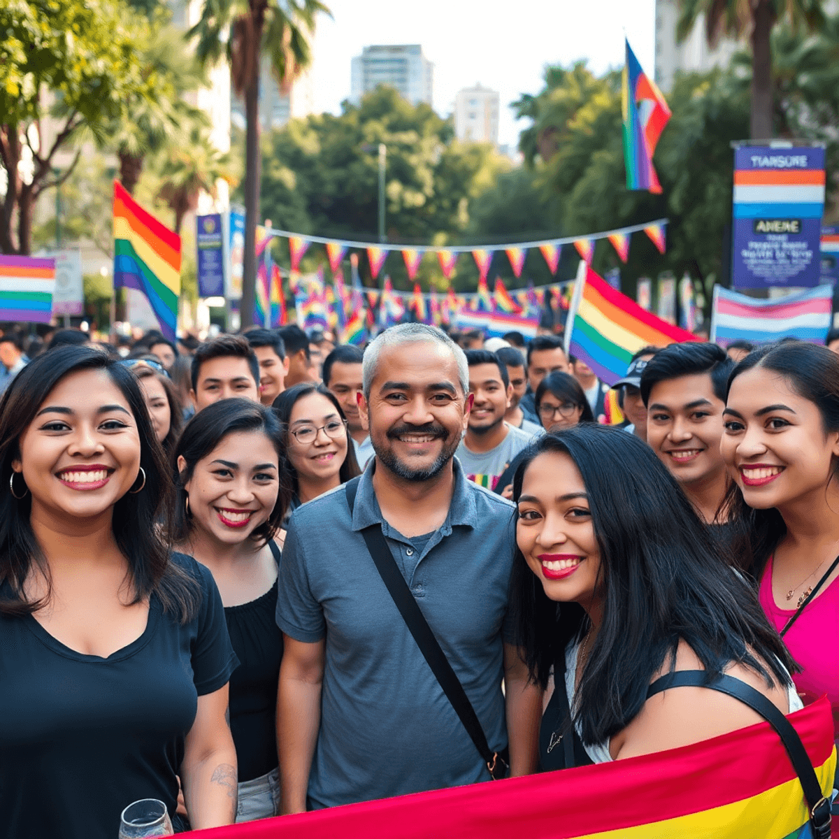 A vibrant community gathering in a colorful urban park with smiling transgender individuals and allies, rainbow flags, and supportive banners.