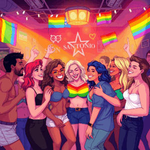 A vibrant illustration of a group celebrating at a lively nightclub with rainbow flags and inclusive symbols in the background.