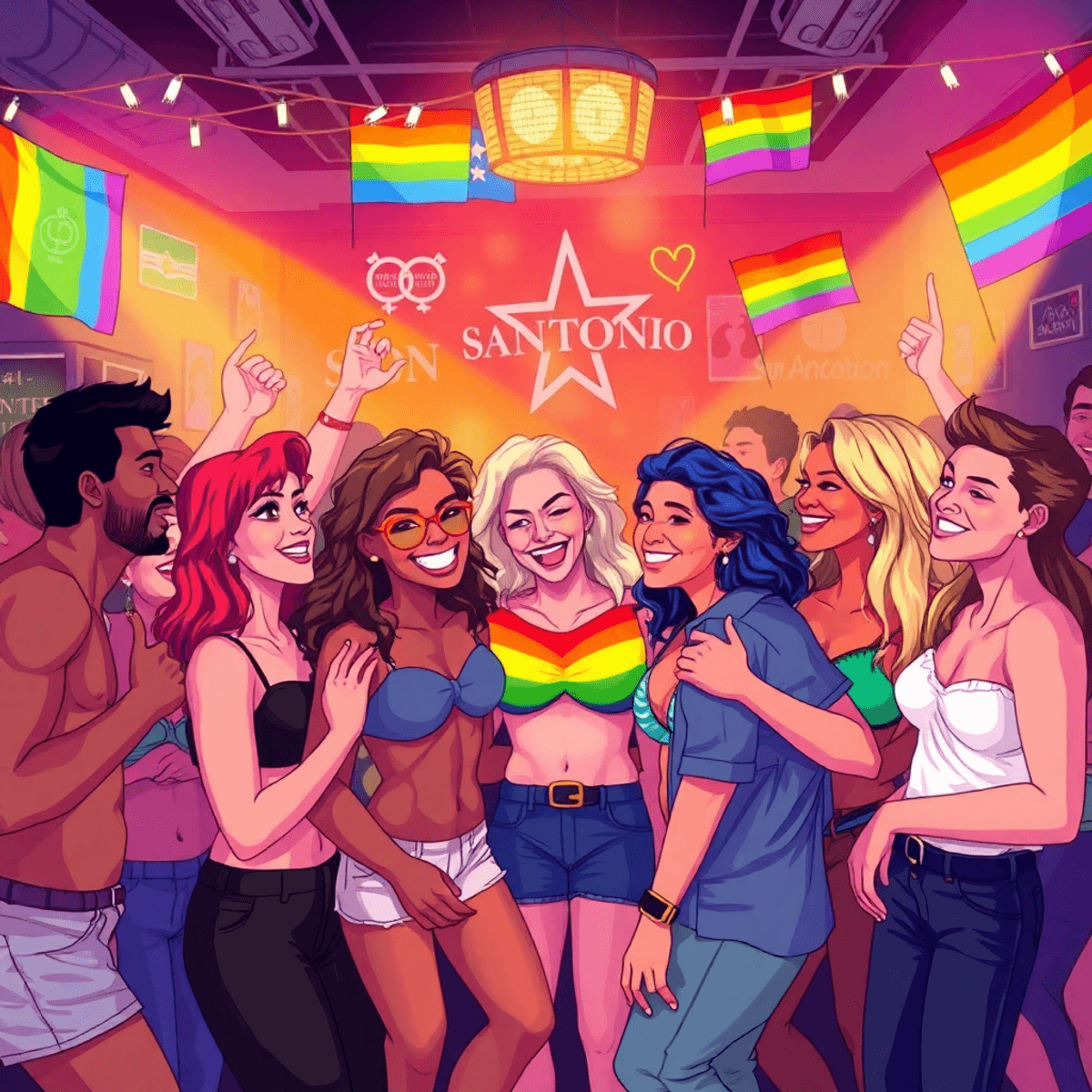 A vibrant illustration of a group celebrating at a lively nightclub with rainbow flags and inclusive symbols in the background.