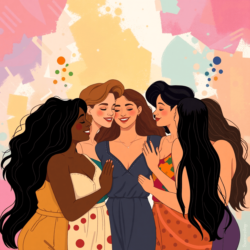 A vibrant illustration of diverse women sharing warm, supportive interactions against a colorful, abstract background symbolizing fluidity and fema...