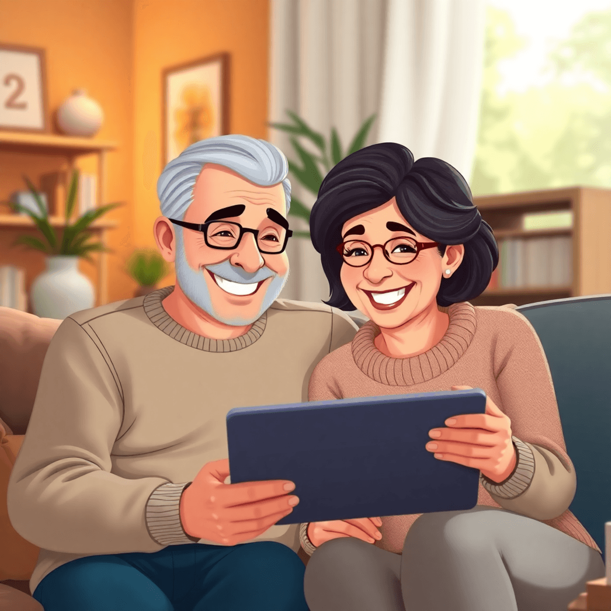 Cartoon of a happy mature couple smiling and using a tablet together in a cozy living room, symbolizing digital romance and online dating for seniors.