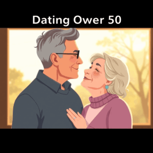 Cartoon of a mature couple sharing a gentle kiss outdoors with soft natural light and a serene background, conveying warmth and connection.