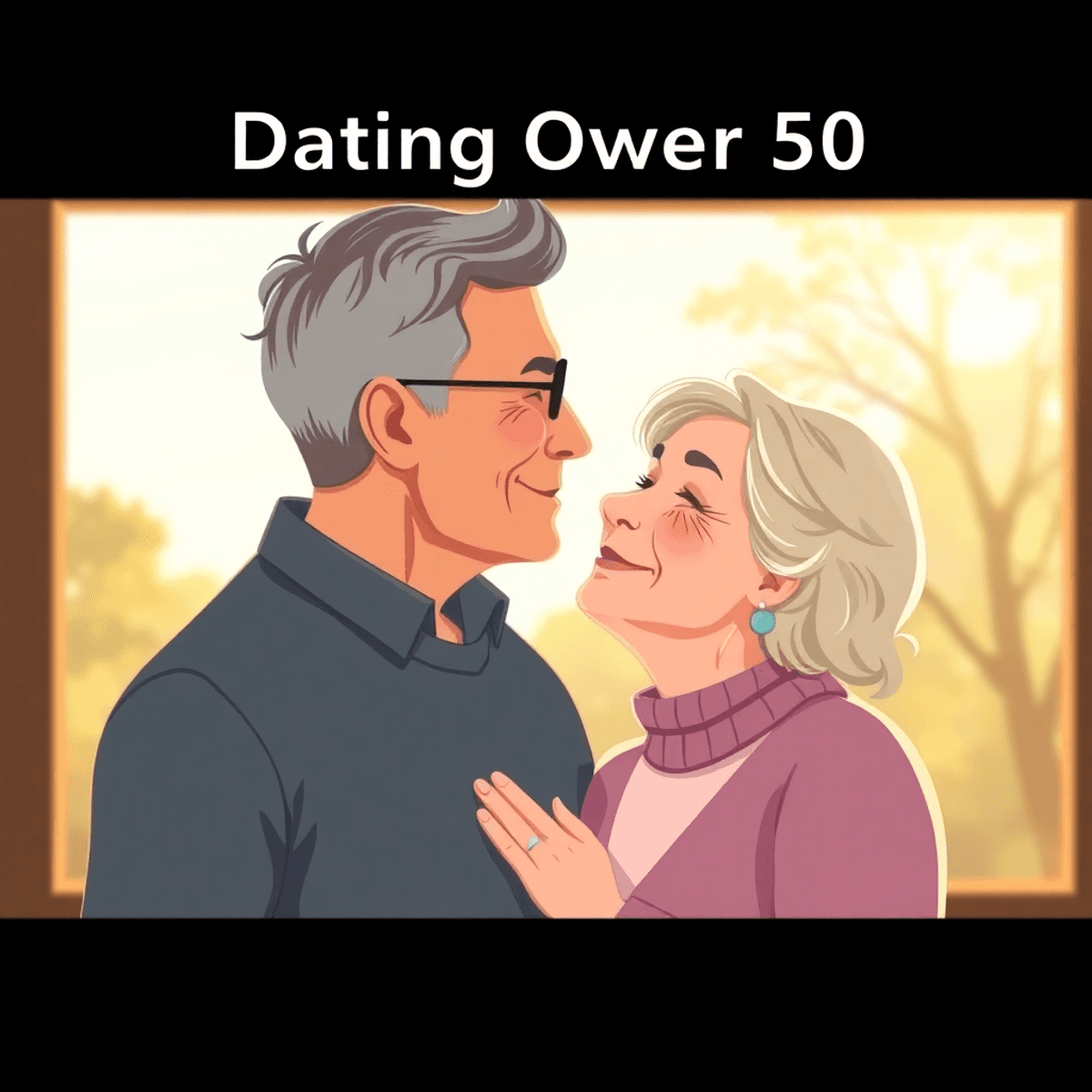 Cartoon of a mature couple sharing a gentle kiss outdoors with soft natural light and a serene background, conveying warmth and connection.