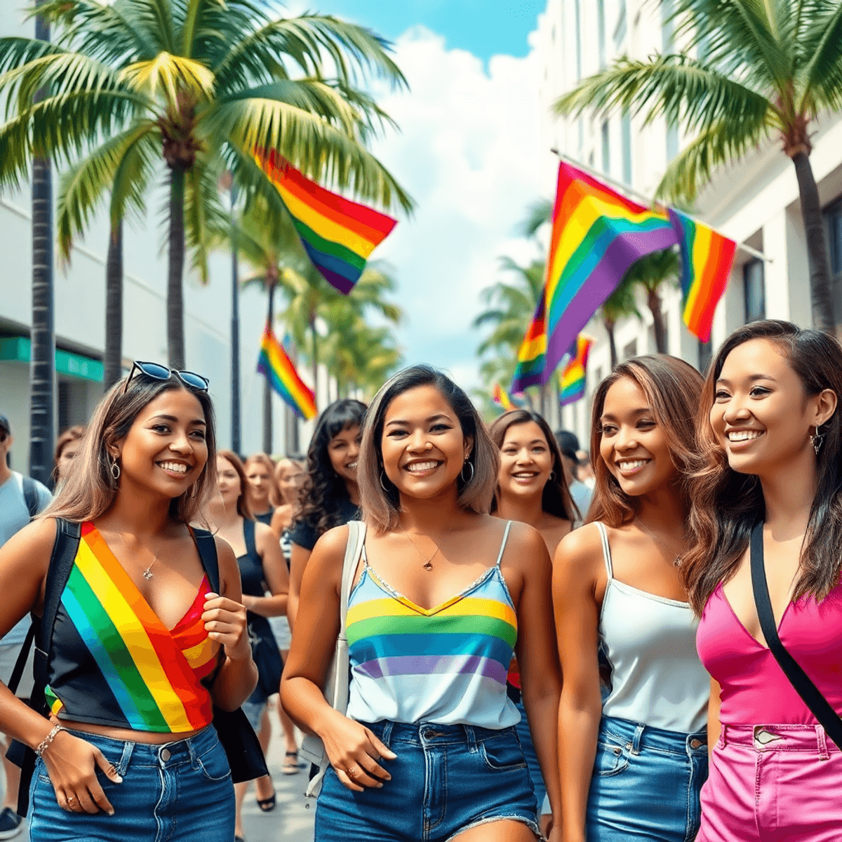 Colorful Miami street scene with smiling transgender women, rainbow flags, palm trees, and vibrant community activities celebrating LGBTQ+ pride.