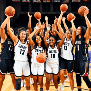 Female basketball players celebrating on court, holding basketballs and wearing team jerseys, expressing unity and empowerment in a dynamic game se...