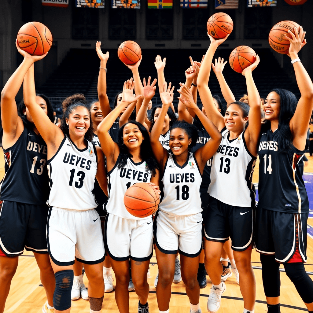 Female basketball players celebrating on court, holding basketballs and wearing team jerseys, expressing unity and empowerment in a dynamic game se...