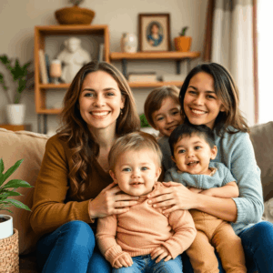 Happy couple with children smiling together in a cozy, warm home environment, showcasing a loving family.