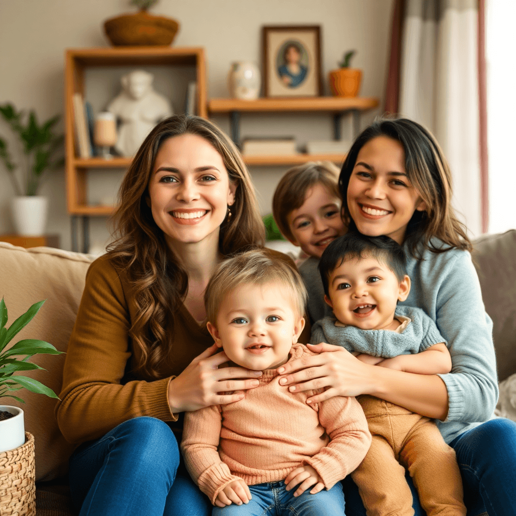 Happy couple with children smiling together in a cozy, warm home environment, showcasing a loving family.