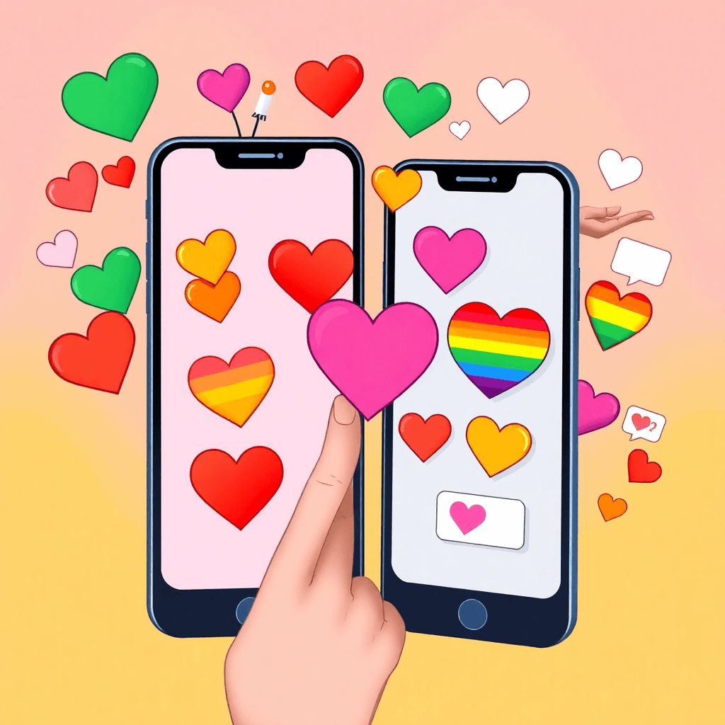 Smartphones displaying rainbow heart icons and chat bubbles, symbolizing connection and community in a vibrant digital dating scene.