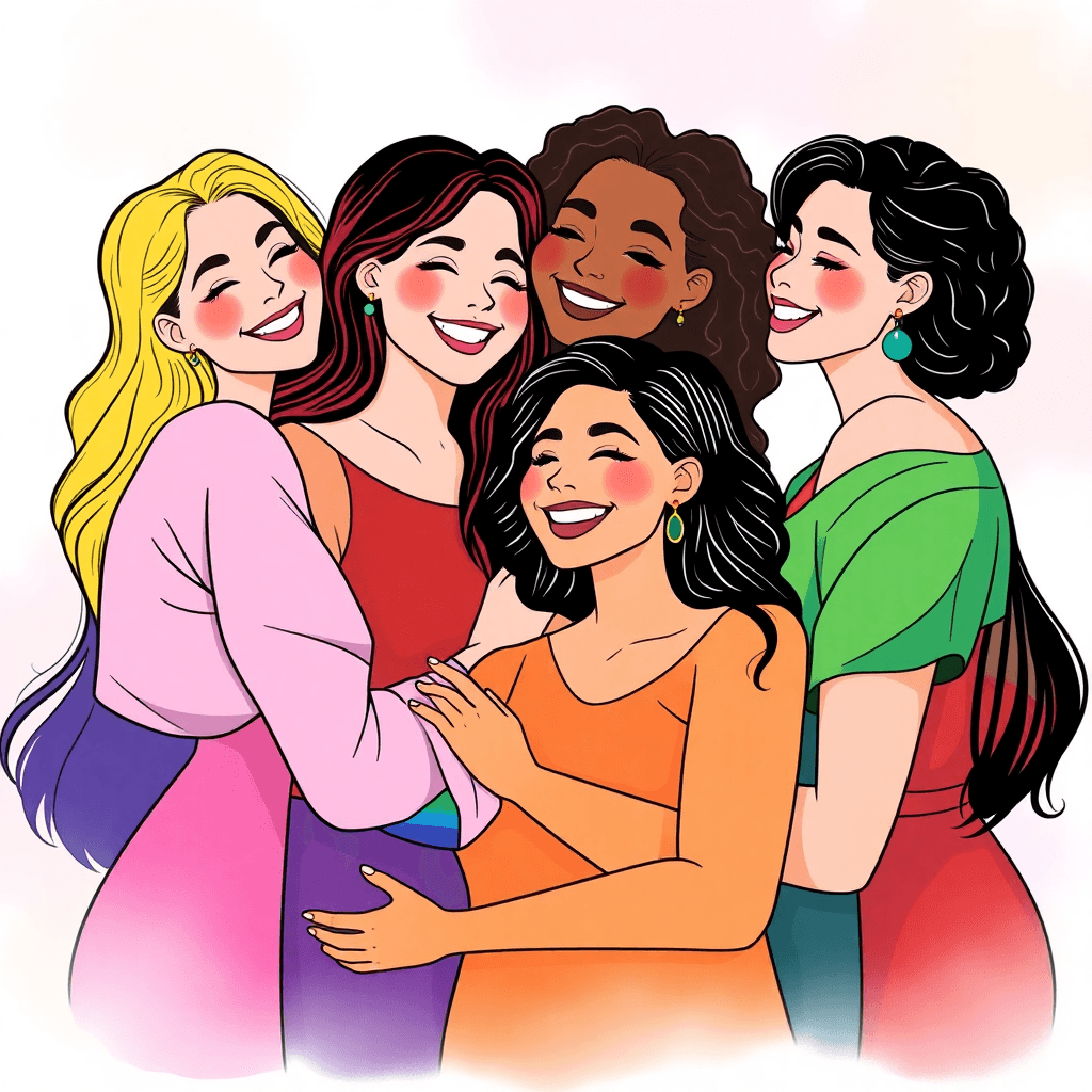 A vibrant photo-style illustration of women embracing and smiling together against a soft, colorful background with subtle rainbow hues.