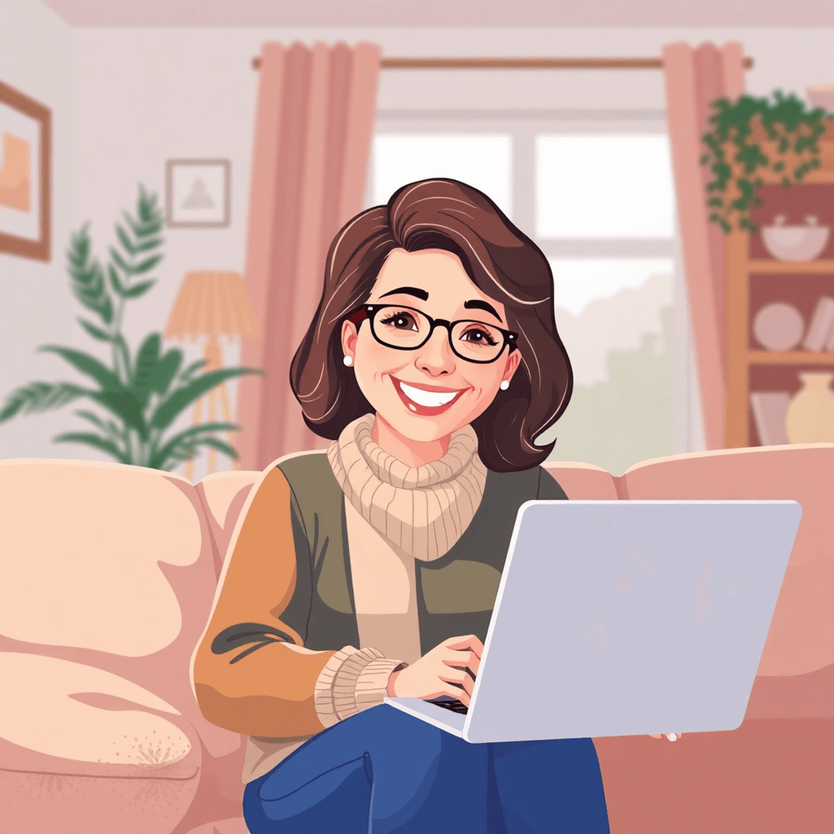 Cartoon of a happy woman over 50 using a laptop in a cozy, inviting home setting that suggests comfort and new beginnings.