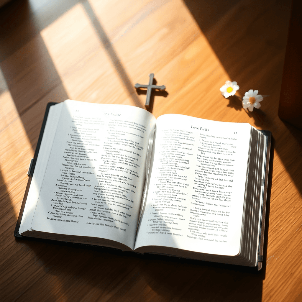 Open Bible on wooden table with soft light, small cross, and delicate flower, evoking reflection on scripture and faith.