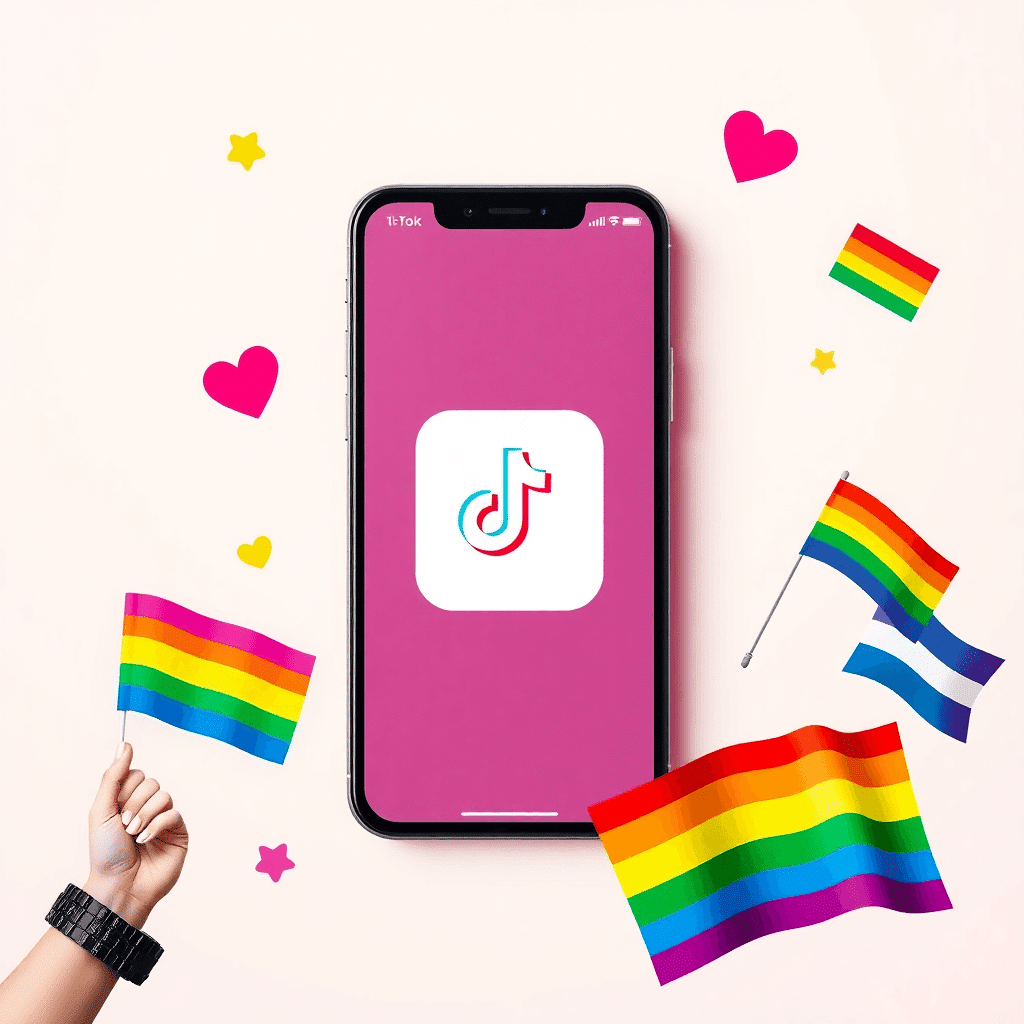 Smartphone showing TikTok interface with heart and comment icons, surrounded by female empowerment symbols and pride flags on a pastel background.