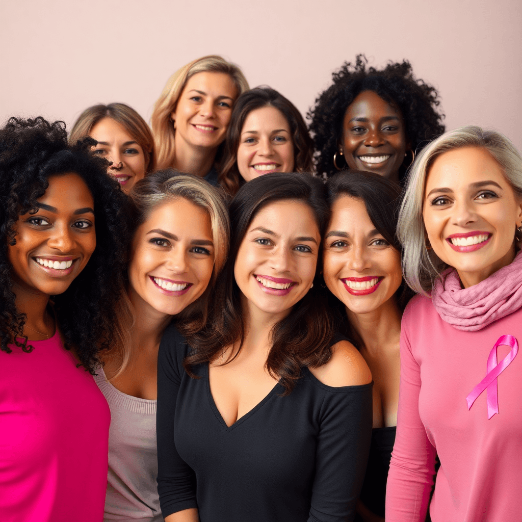 Smiling women with breast cancer awareness ribbons, soft pink background, symbolizing health and empowerment.